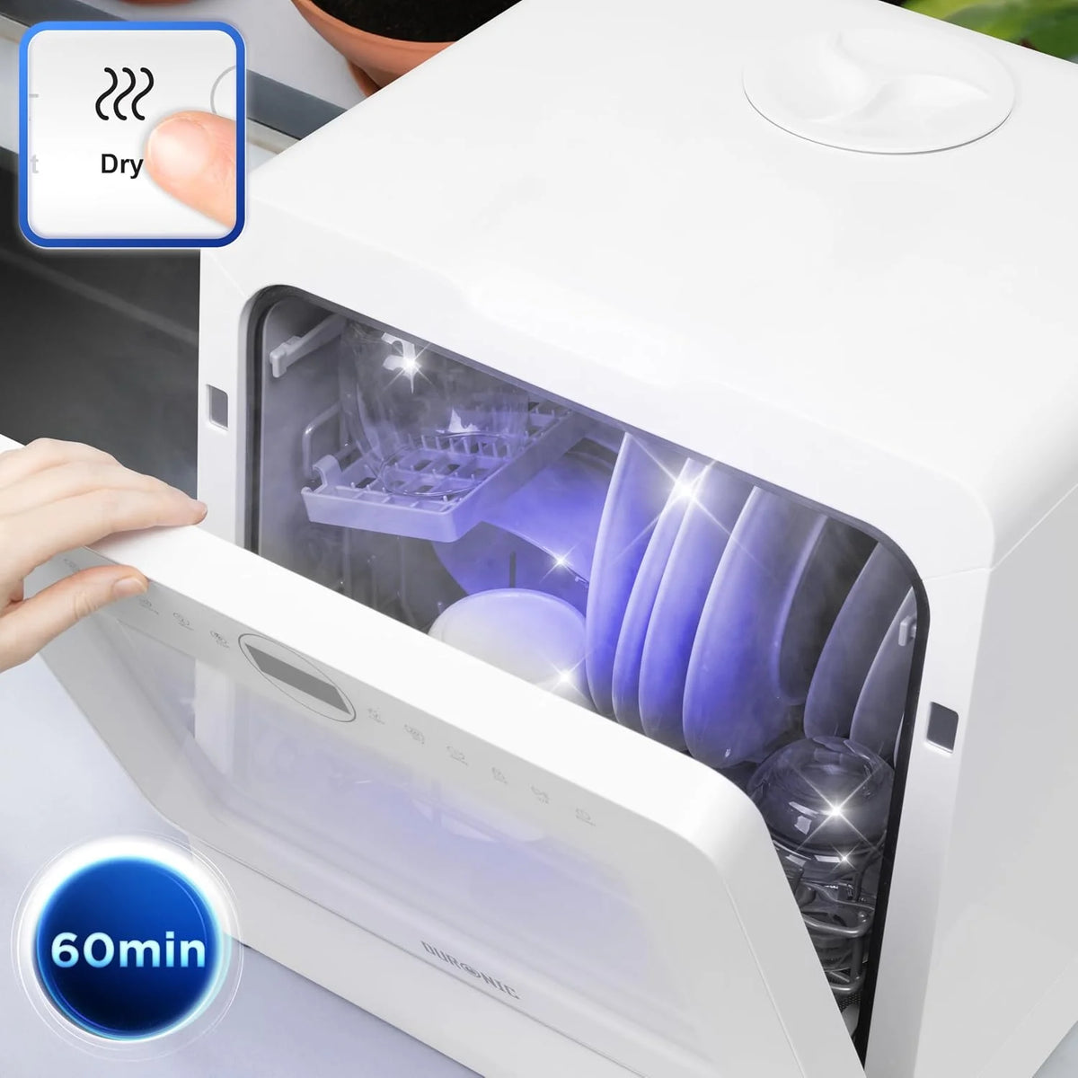 Duronic DW5 WE Zmywarka nablatowa z lub bez przyłącza wody 950W przenośna kompaktowa 5l /cykl do naczyń szkła owoców mała zmywarka stołowa biała