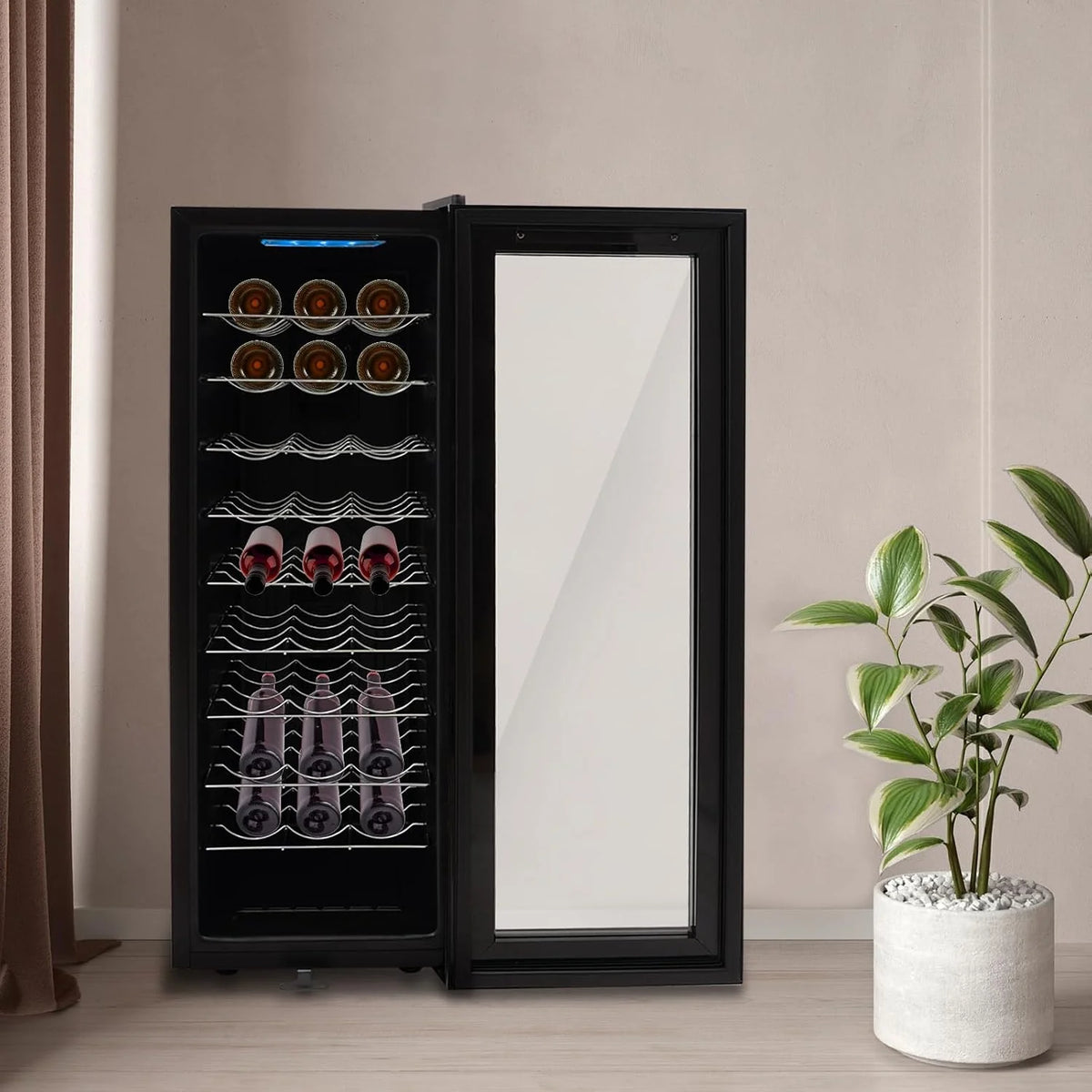 Lodówka na wino, 30 butelek, 90 l, oświetlenie LED, chłodziarka do wina, ekran dotykowy, wzmocnione szklane drzwi, wolnostojąca, zakres temperatur 12-18°C, 50,5 x 34,5 x 98,5 cm