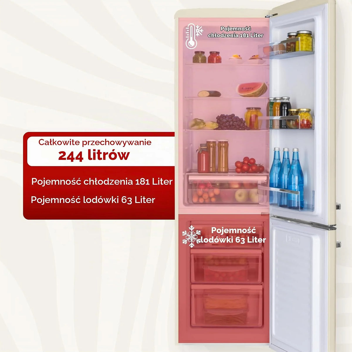 Amica KGCR 387 101 B Retro lodówko-zamrażarka/beżowa / 181 cm (wys.) x 55 cm (szer.) x 62 cm (gł.) / styl retro/lodówka z zamrażarką