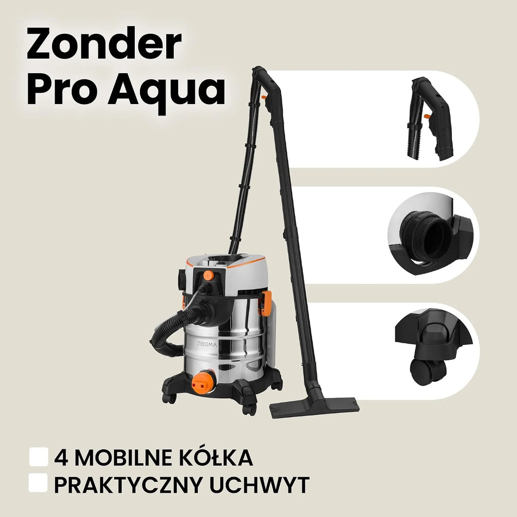 ZEEGMA ZONDER PRO AQUA Odkurzacz Piorący do Pracy na Mokro i Sucho 1400W, do Dywanów Samochodu Tapicerki Schodów, Zbiornik na Wodę Czystą 4 L, Zestaw Filtrów oraz Ssawek Piorących