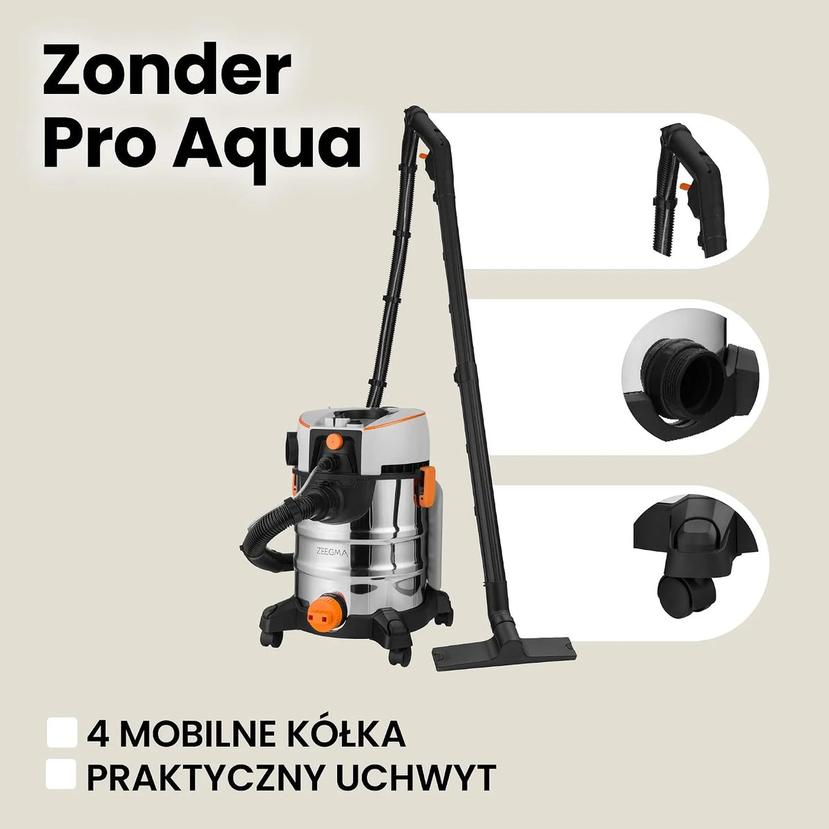 ZEEGMA ZONDER PRO AQUA Odkurzacz Piorący do Pracy na Mokro i Sucho 1400W, do Dywanów Samochodu Tapicerki Schodów, Zbiornik na Wodę Czystą 4 L, Zestaw Filtrów oraz Ssawek Piorących