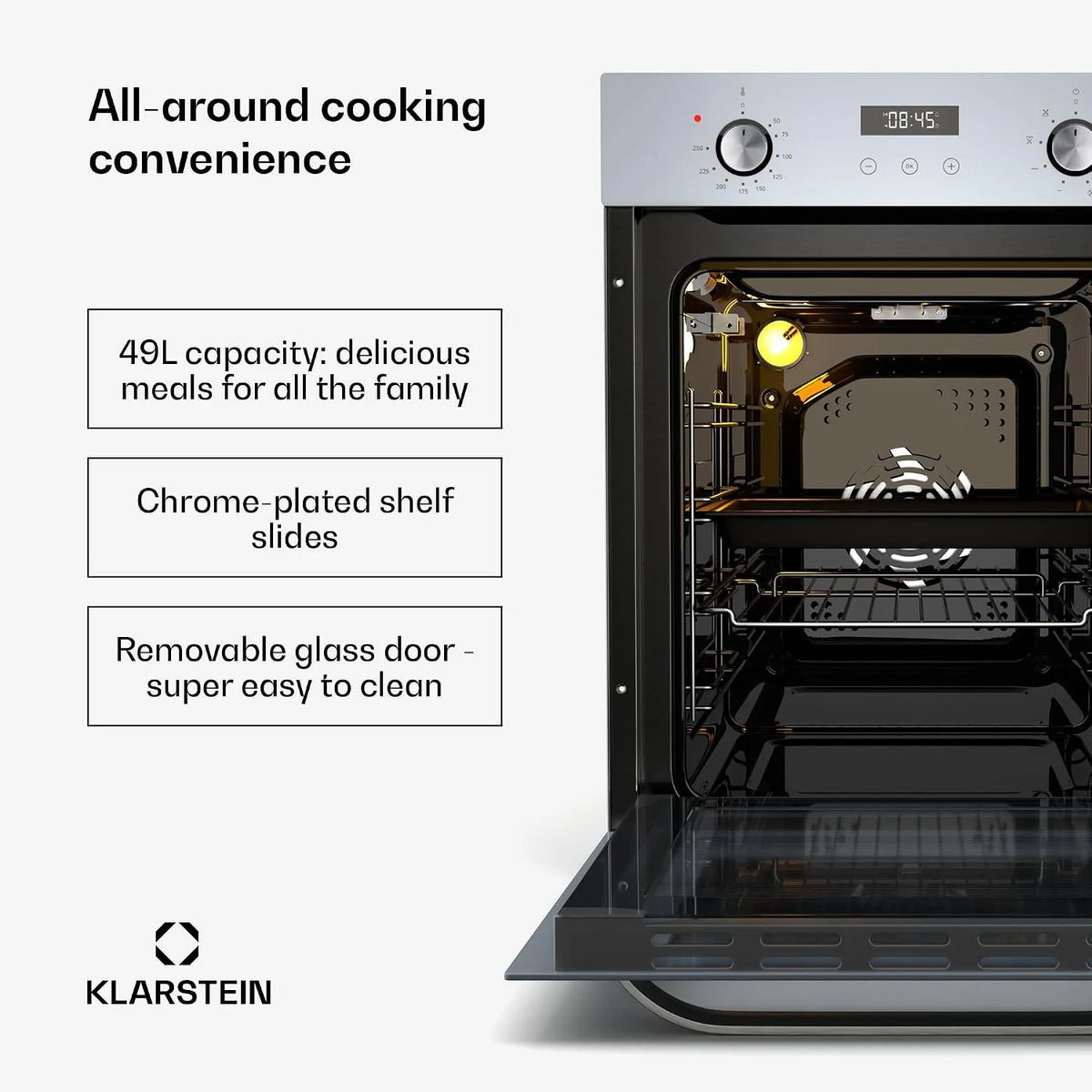 Klarstein SmartSlim Piekarnik do zabudowy - 45 cm, 49 L, 9 funkcji, Czyszczenie parowe, Zdejmowane szklane drzwi, Klasa energetyczna A, Czarne szkło, Cyfrowy timer, Piekarnik do zabudowy