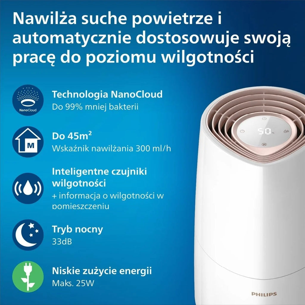 Philips Nawilżacz Ewaporacyjny serii 3000, do 45 m², NanoCloud, 3 l, Biały