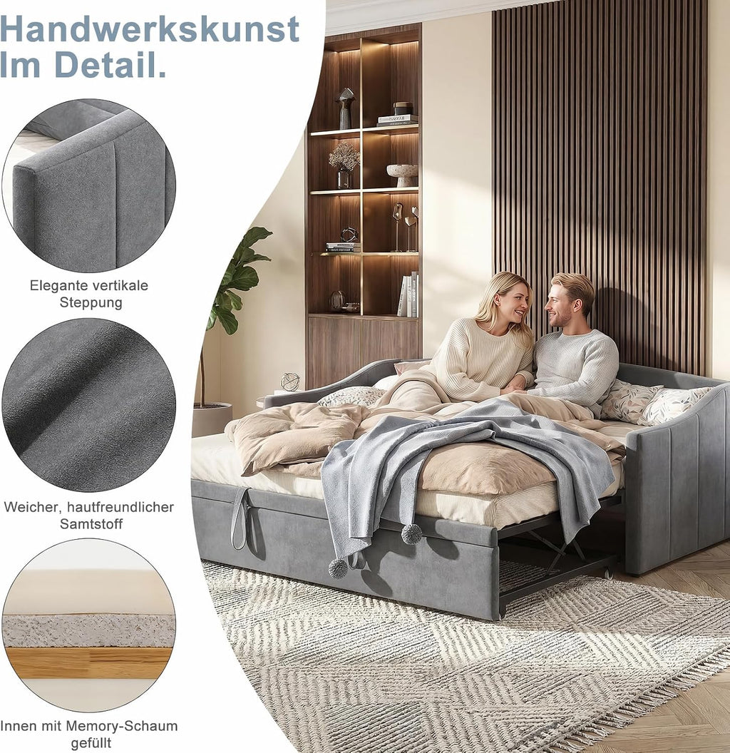 Rozkładane łóżko dzienne 90/180 x 200 cm, tapicerowane łóżko z rozkładanym łóżkiem i stelażem, rozkładane do łóżka podwójnego, aksamitne, szare, bez materaca