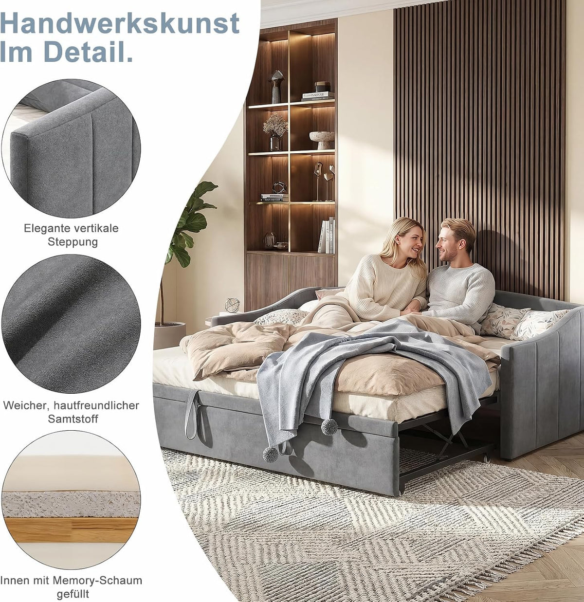 Rozkładane łóżko dzienne 90/180 x 200 cm, tapicerowane łóżko z rozkładanym łóżkiem i stelażem, rozkładane do łóżka podwójnego, aksamitne, szare, bez materaca