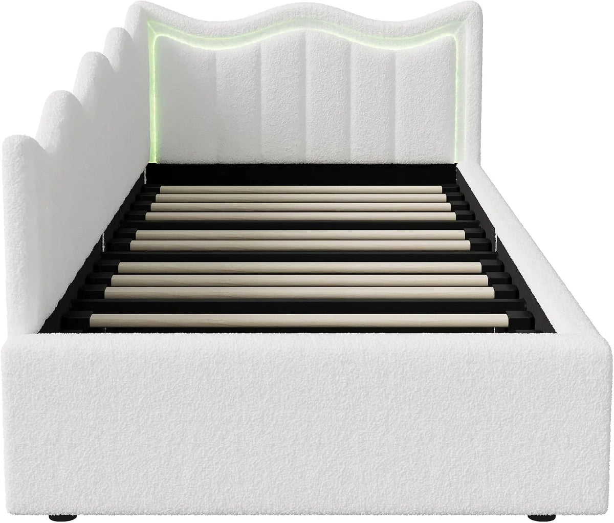 Łóżko 90x200 z hydraulicznym miejscem do przechowywania, kanapa-łóżko z oświetleniem LED, łóżko tapierowane z stelażem z listew, łóżko dziecięce 90x200 z wezgłowiem, welur Teddy, białe