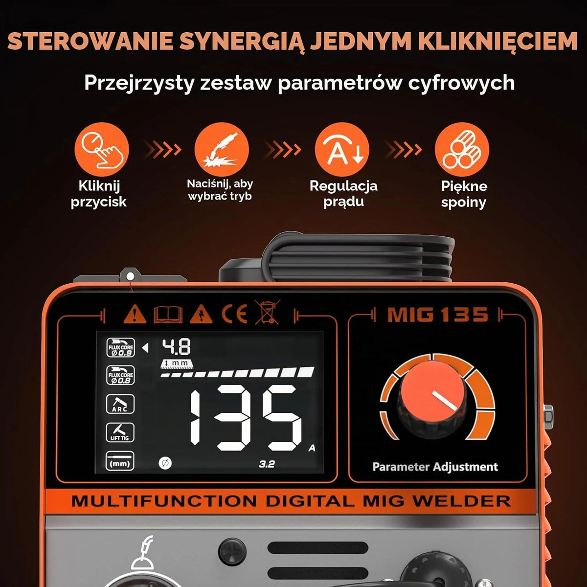 FEIFANKE MIG135 Spawarka bezgazowa 135A 220V Elektrody Synergia Spawarka 3 w 1 MIG/ARC/Lift TIG IGBT inwerter spawalnicza z drutem 1,0 mm, pistolet spawalniczy MIG