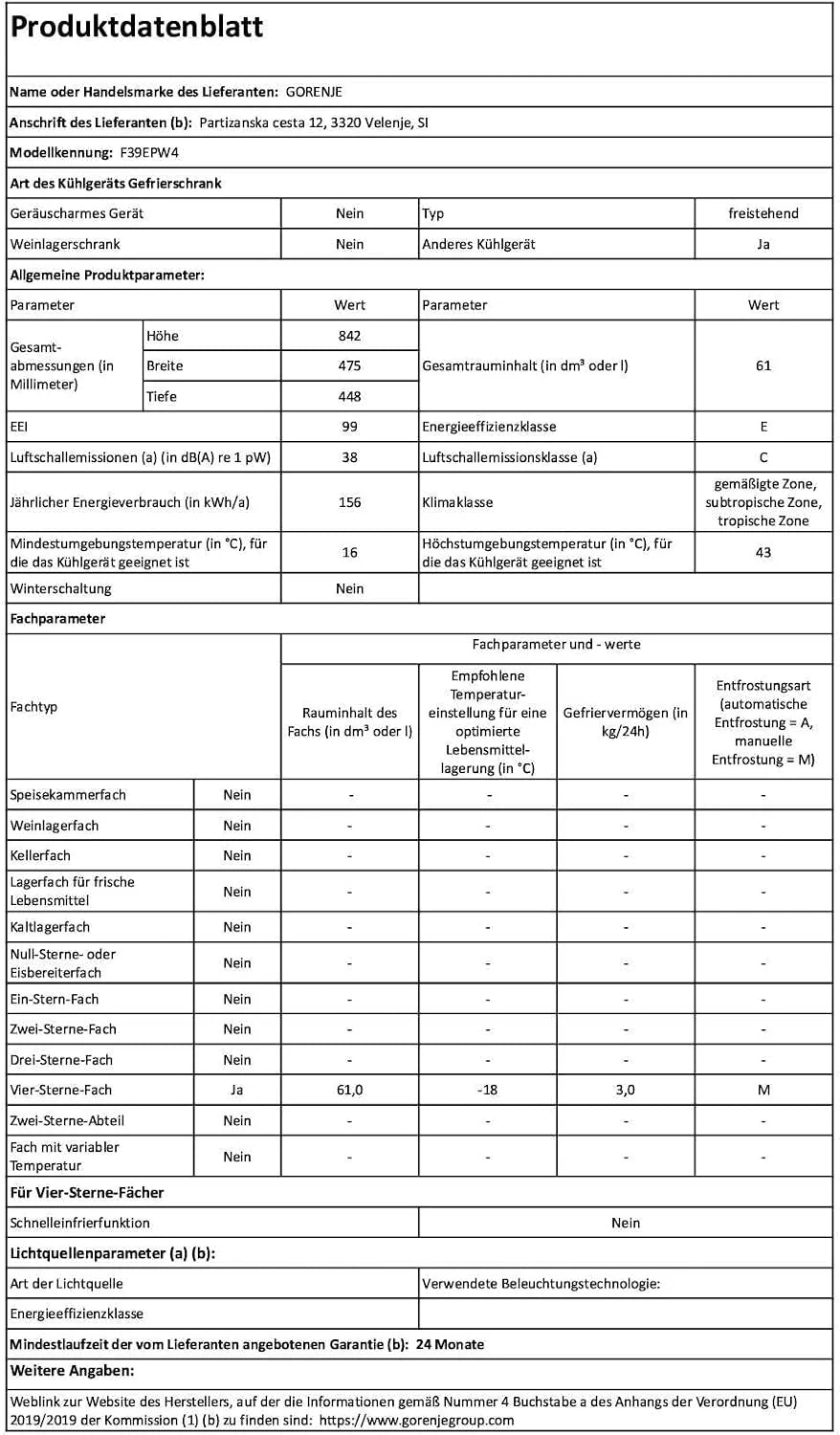 Gorenje F 39 EPW4 zamrażarka wolnostojąca 61 l, 2 szuflady, wysokość 84,2 cm, klasa efektywności energetycznej: E