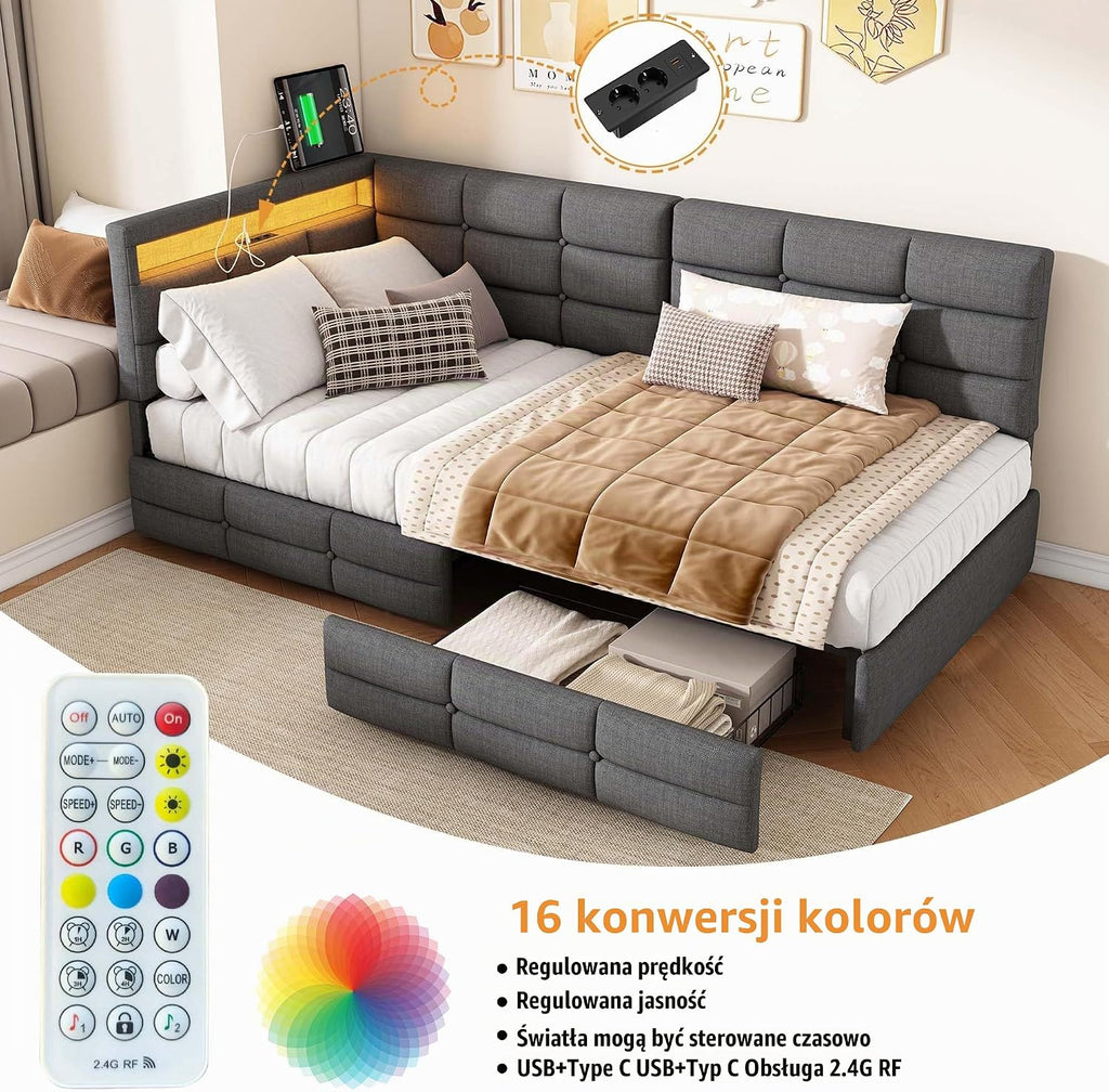 łóżko tapicerowane, 90 x 200 cm z gniazdami LED i USB, łóżko młodzieżowe ze stelażem z drewna i 2 szufladami, łóżko dziecięce, sofa do spania, łóżko dzienne, rama łóżka, len, kolor szary, bez