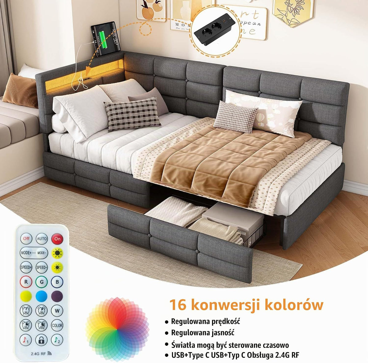 łóżko tapicerowane, 90 x 200 cm z gniazdami LED i USB, łóżko młodzieżowe ze stelażem z drewna i 2 szufladami, łóżko dziecięce, sofa do spania, łóżko dzienne, rama łóżka, len, kolor szary, bez