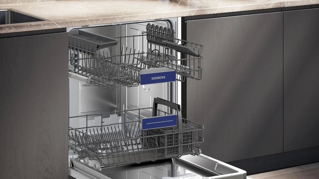 Siemens SN43HS03TE iQ300, zmywarka do naczyń do zabudowy 60 cm, kosz na sztućce, potwierdzona wydajność higieniczna, smartStart, górny kosz z regulacją wysokości, varioSpeed, asystent programu