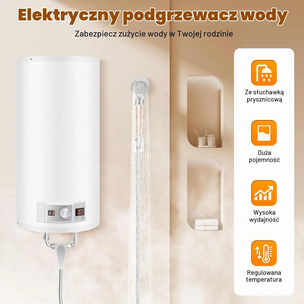 Zbiornik magazynowy 80 l, bojler, elektryczny zbiornik ciepłej wody, prysznic 220 V, bojler na wodę, z urządzeniem prysznicowym i zabezpieczeniem przed wyciekiem (rzeczywista pojemność wody: 50
