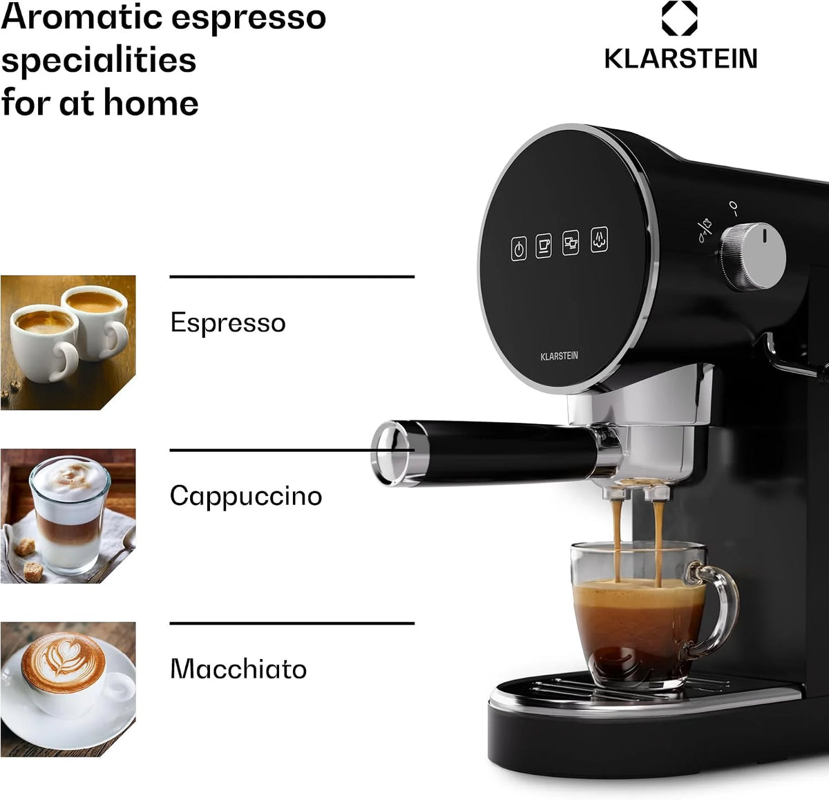 Klarstein Ekspres kolbowy do espresso ze spieniaczem do mleka, 0,9L mini ekspres retro z kolbą, 1360 W mały do kawy, do cappuccino, latte i macchiato