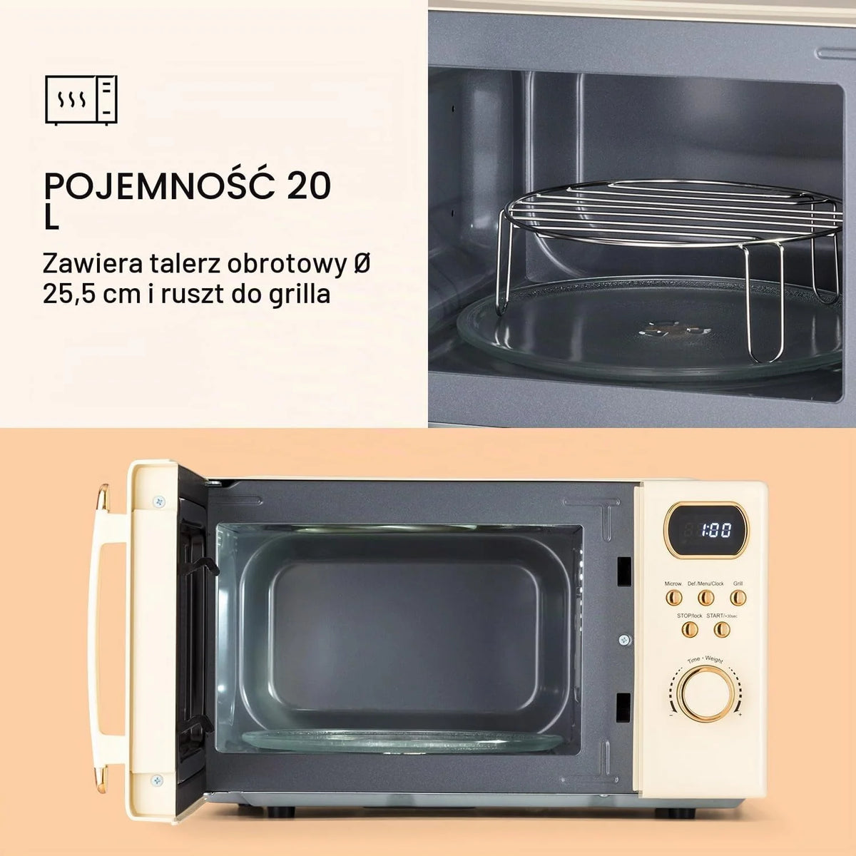 Klarstein Kuchenka mikrofalowa z grillem, Mikrofalówka 3w1 ze stali nierdzewnej, Kremowa, Mała 20-litrowa mikrofalówka z funkcją rozmrażania i pizzy, Talerz obrotowy, Łatwa obsługa
