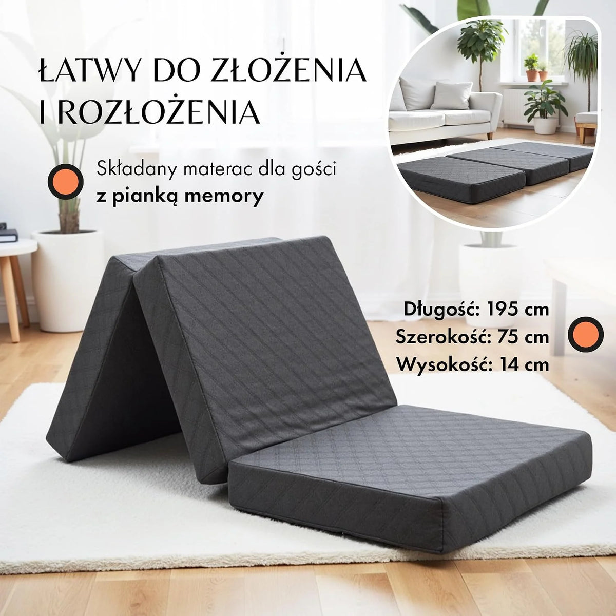 Materac składany 75x195 cm, 14 cm – wygodny materac dla gości, składany