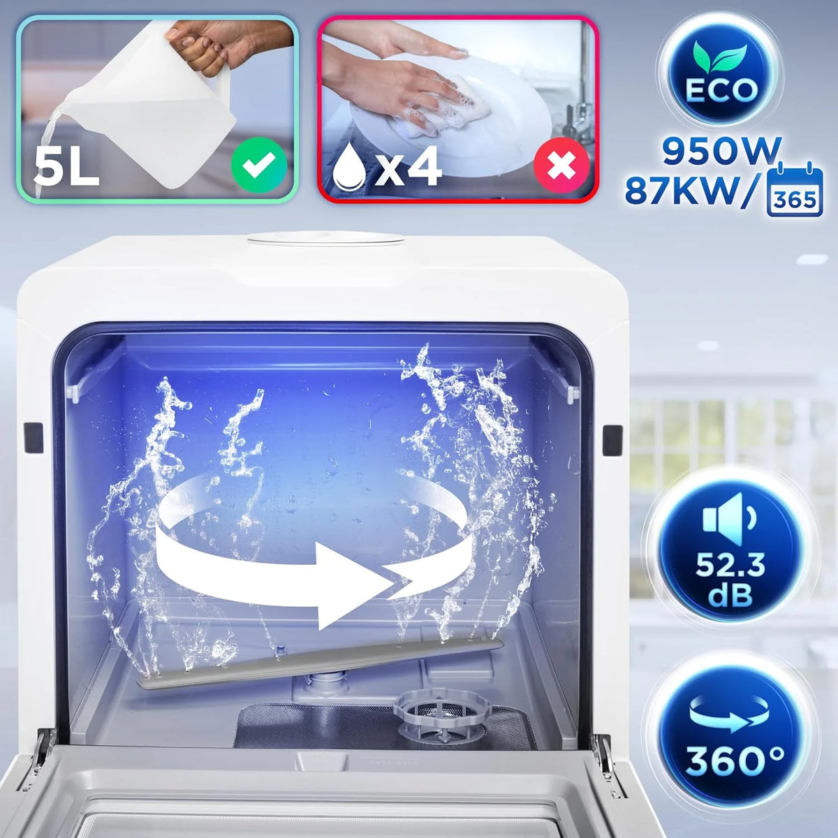 Duronic DW5 WE Zmywarka nablatowa z lub bez przyłącza wody 950W przenośna kompaktowa 5l /cykl do naczyń szkła owoców mała zmywarka stołowa biała