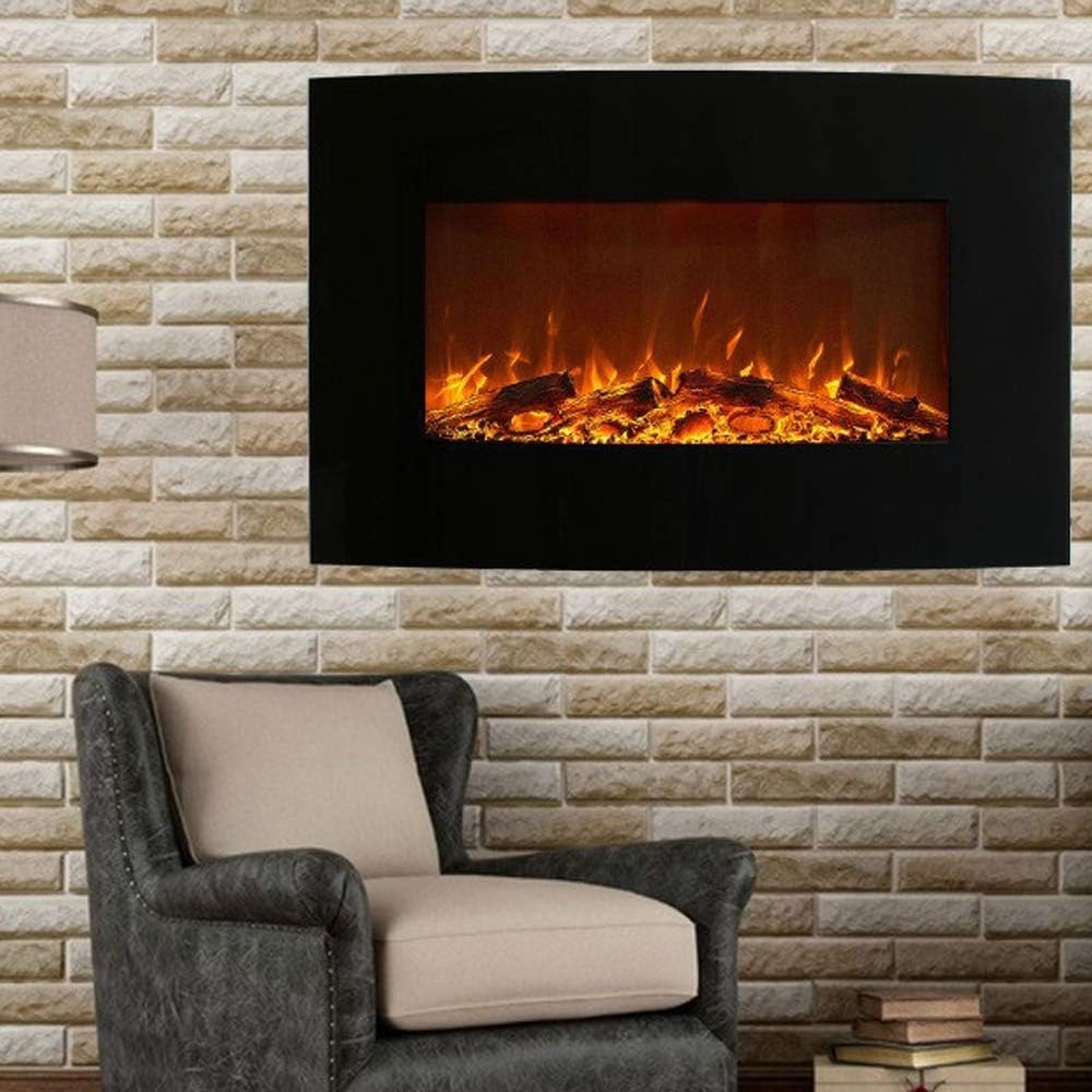 Elektryczny kominek ścienny z efektem płomieni LED, ogrzewający, czarny, 2000 W, 90 x 55 cm – pilot zdalnego sterowania – ogrzewanie 2000 W