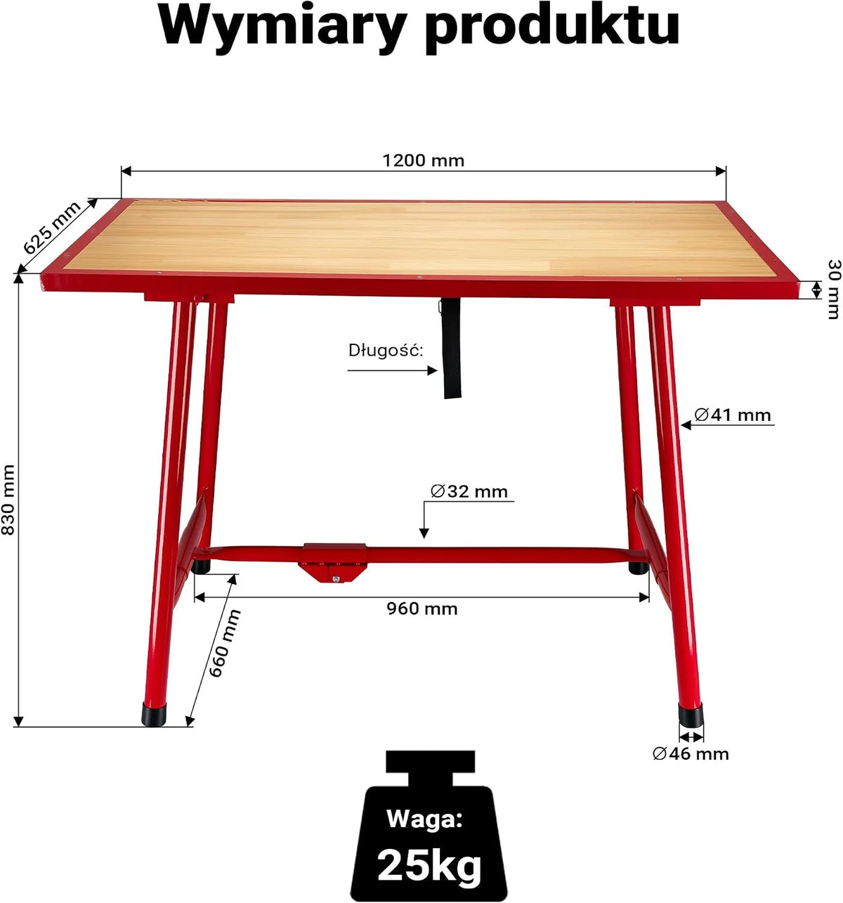Wiltec Stół warsztatowy składany 120 x 62,5 x 83 cm, stelaż czerwony, przenośne stanowisko do pracy do 300 kg nośności