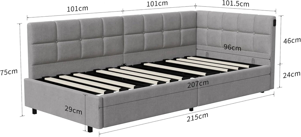 Łóżko z szufladą 90x200 z oświetleniem LED i USB, Łóżko dziecięce 90x200 z hydraulicznym schowkiem, Łóżko tapicerowane w kształcie L, Łóżko jednoosobowe z stelażem, Welur, Szary (bez materaca)