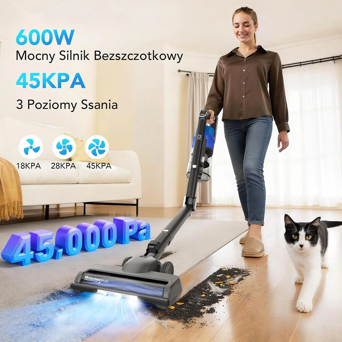 Greenote GSC80 Bezprzewodowy Odkurzacz Pionowy 45KPa/600W, ze Stacją Ładowania, Czas Pracy do 60 Min, Składana Rura, Ekran Dotykowy, Szczotka Anti-Tangle do Sierści Zwierząt, Dywany i Twarde Podłogi