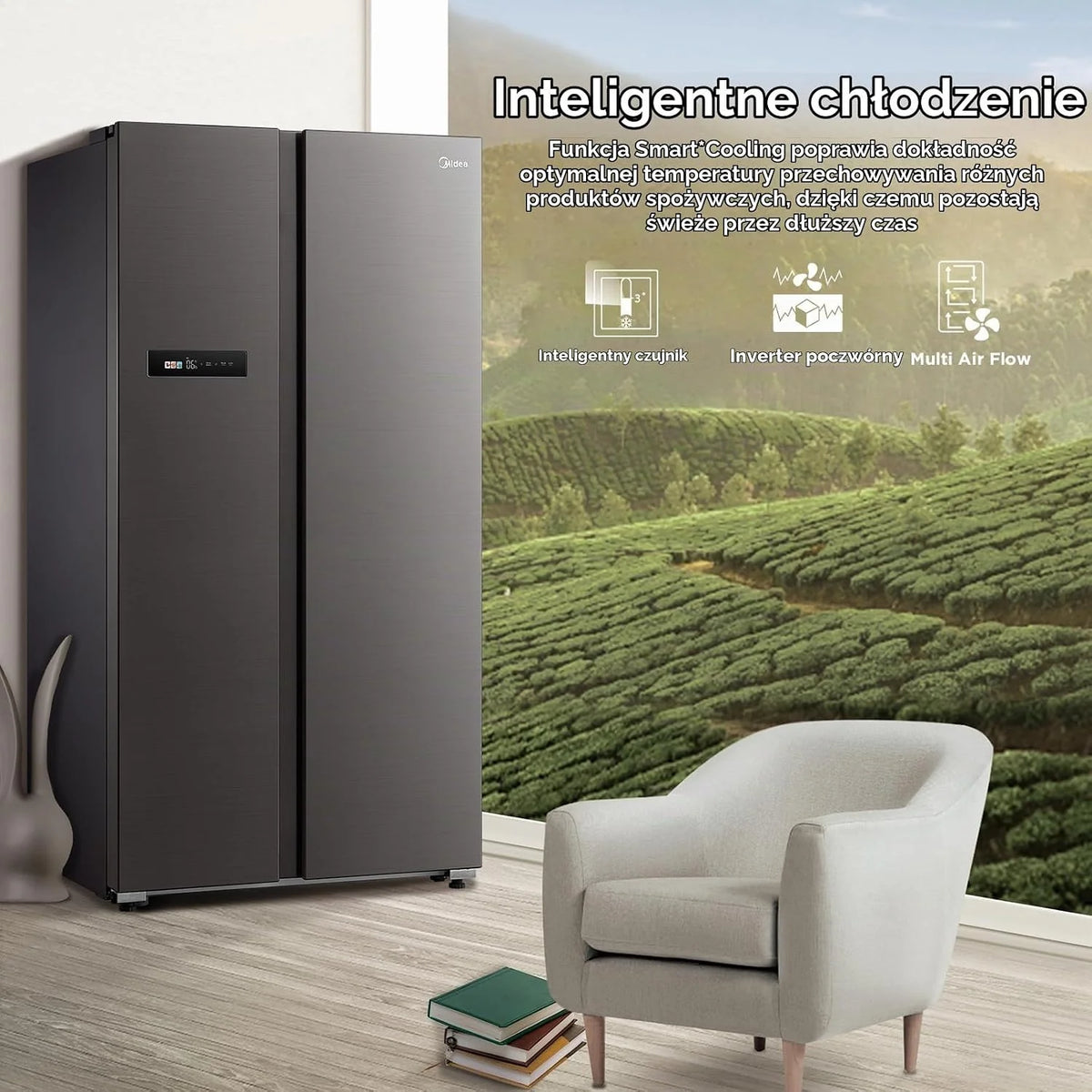 Midea MDRS791MIC28 lodówko-zamrażarka Side-by-Side/No Frost/sterowanie WiFi/Inwerter/Inverter Compressor/176,5 cm wysokości/379 l chłodzenie/213 l zamrażanie/podwójne sterowanie/SuperCool/37 dB, kolor