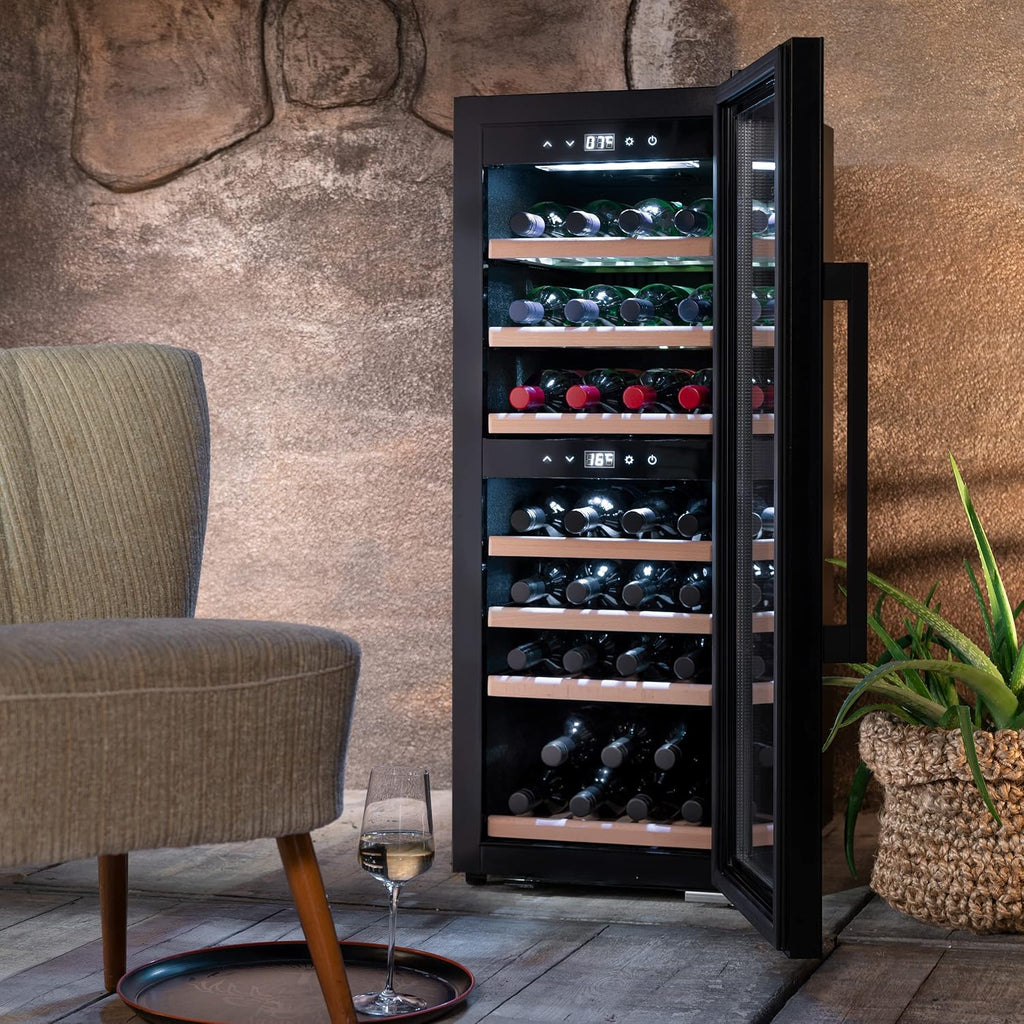 CASO WineExclusive 38 Smart lodówka na wino, do 38 butelek, dwie oddzielne strefy temperatury regulowane w zakresie 5°-20°C, oświetlenie LED, z modułem Wi-Fi i aplikacją