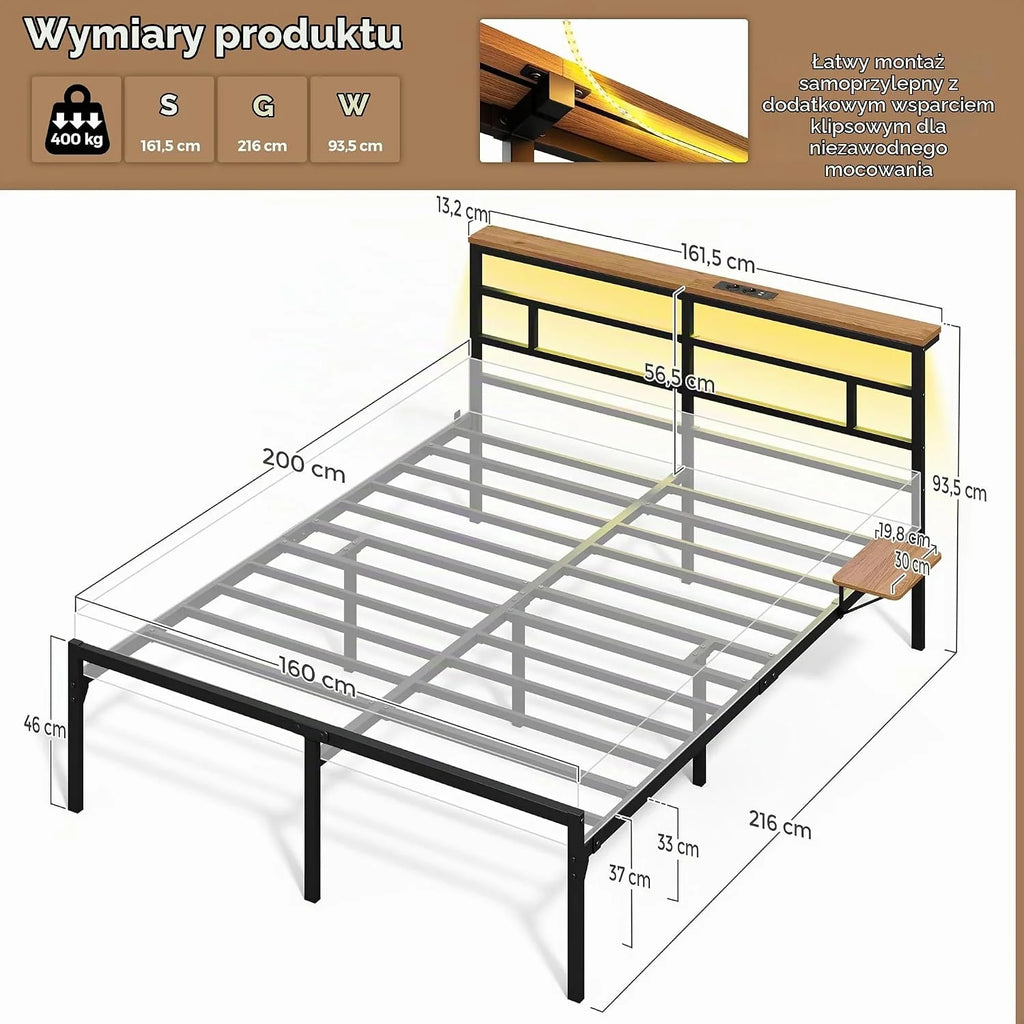Yaheetech Rama łóżka 160 × 200 cm z metalowym stelażem, łóżko 2-osobowe z oświetleniem LED i stacją ładującą (2 AC, 2 USB), podwójne łóżko z półką do przechowywania, pojemność 400 kg