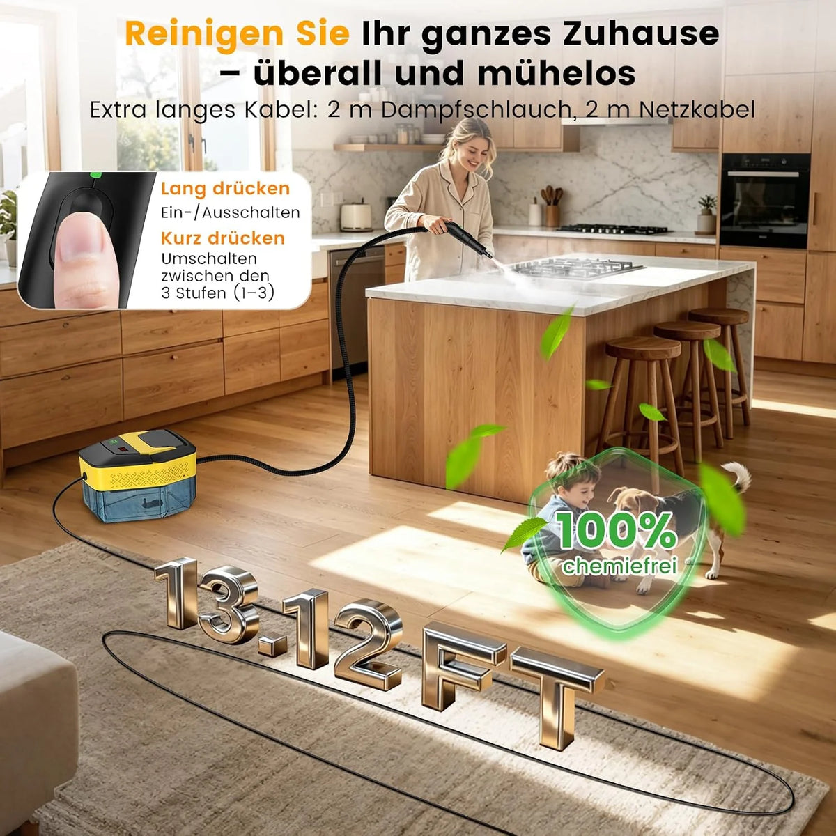 Granarbol 1800 ml – 2500 W myjka parowa, ogrzewanie 8 s, 275°F/145°C, usuwa