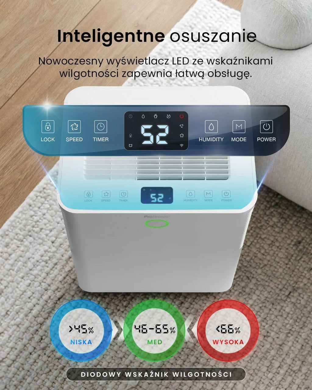 Inteligentny osuszacz kompresorowy Pro Breeze 20 l/dobę ze zbiornikiem na wodę o pojemności 4 l, funkcją suszenia prania i automatycznym czujnikiem wilgotności - usuwanie pleśni z 24-godzinnym wyłączn