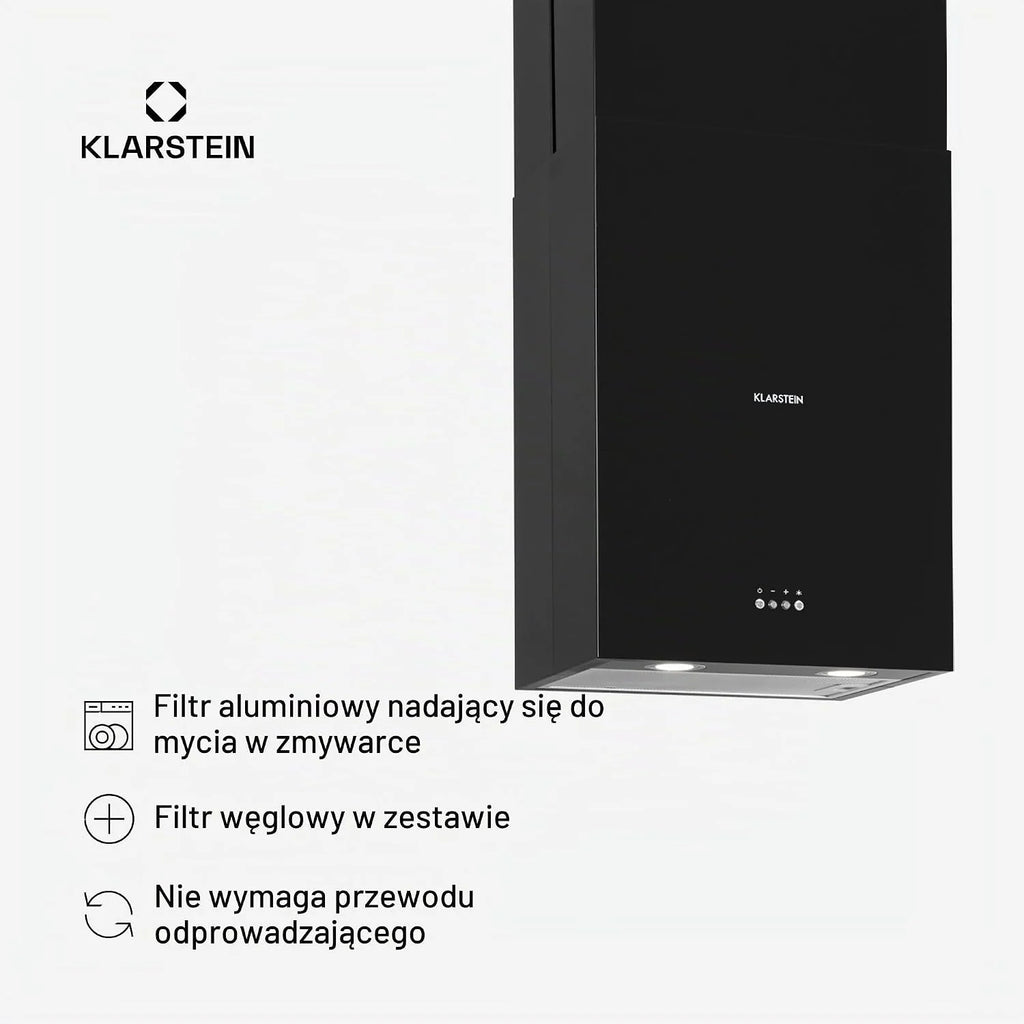 Klarstein Okap kuchenny, Okap wyspowy wiszący, wyciągowy/z recyrkulacją, Nowoczesny z 3 biegami, Timer, Przepływ 624 m³/h, Filtr węglowy, Wydajny wyspowy, Czarny