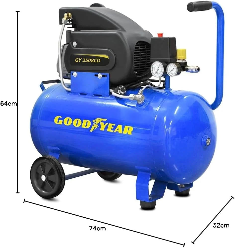 Goodyear - Kompresor powietrza o pojemności 50 litrów, wydajność ssania 210 l/minutę, 2800 obr./min. Ciśnienie znamionowe 8 bar/115 PSI. Ochrona przed przeciążeniem. Regulator do dużych obciążeń.