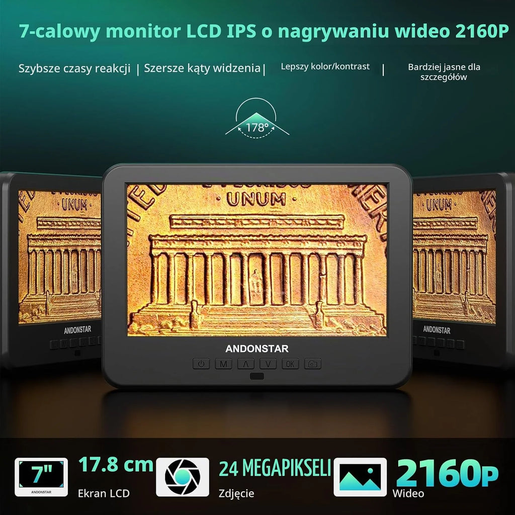Andonstar AD246S-M Plus 7" HDMI Cyfrowy mikroskop do naprawy elektronicznej, 2000 x 3 soczewki 2160P UHD Video Record, stacja lutownicza z pomocnikami rąk, do monet