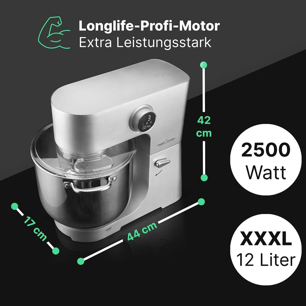 ProfiCook® Robot kuchenny z miską XXL 12 L | Ugniatanie z silnikiem Longlife Pro 2500W | Metalowa skrzynia biegów i wyświetlacz LED | Robot kuchenny do 8,5 kg ciasta | PC KM 1254