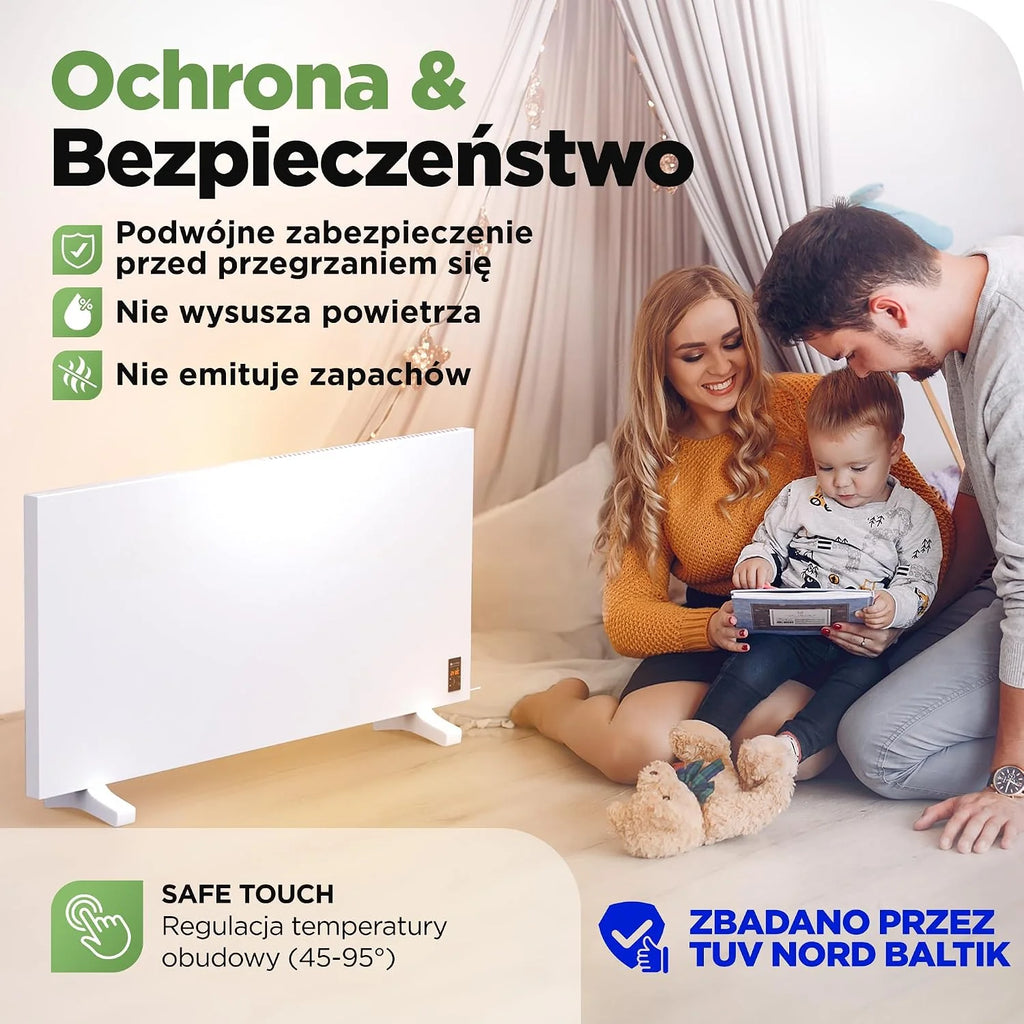 TermoPlaza WiFi Grzejnik na podczerwień z termostatem 750 W do 20 m² | Inteligentny grzejnik ścienny i stojący | Energooszczędny elektryczny grzejnik konwektorowy do pokoju i salonu