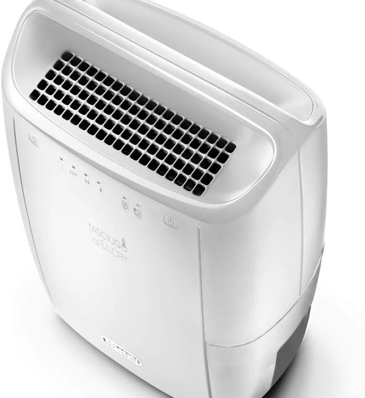 De'Longhi DEX210SF osuszacz powietrza w domu do usuwania wilgoci, odporny na pleśń, suszarka, podwójny system filtracji powietrza, 10 l/dzień, system bezpieczeństwa, uchwyt, biały