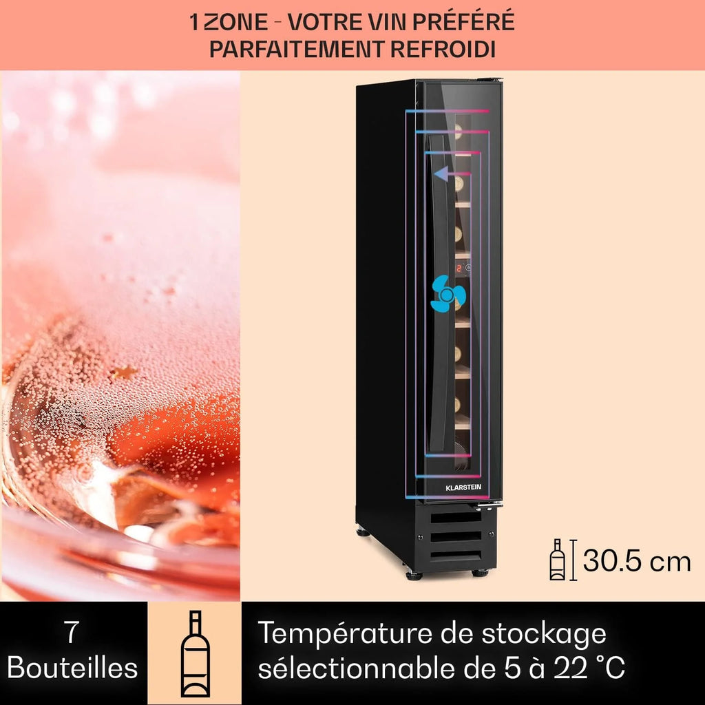 Klarstein Vinovilla chłodziarka do wina do zabudowy, jednostrefowa winiarka ze szklanymi drzwiami, 20 l, bardzo wąska, oświetlenie sceniczne, lodówka na wino i piwo, 7 butelek
