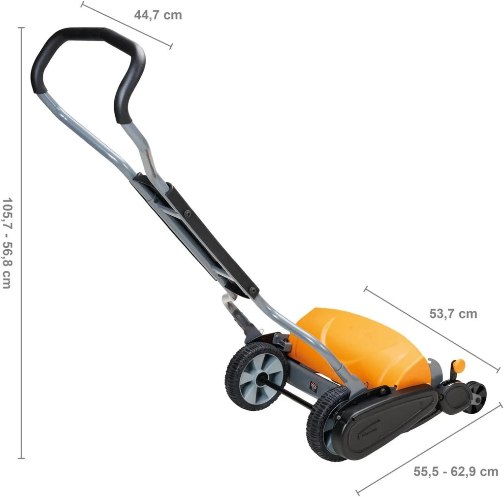Fiskars Kosiarka bębnowa, kosiarka z bezdotykowym systemem tnącym, szerokość koszenia: 46 cm, StaySharp Max, czarny/pomarańczowy/srebrny, 1000591