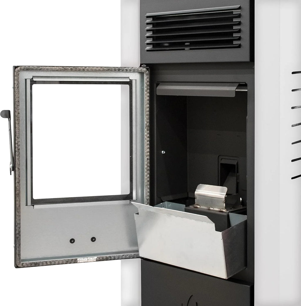 STUFE A PELLET ITALIA Canada 14 kW | wydajność pieca na pellet 89%, ogrzewa 130 m², autonomia 15 godzin, programowalna, 5 prędkości i poziomów mocy, 24 miesiące , kolor biały