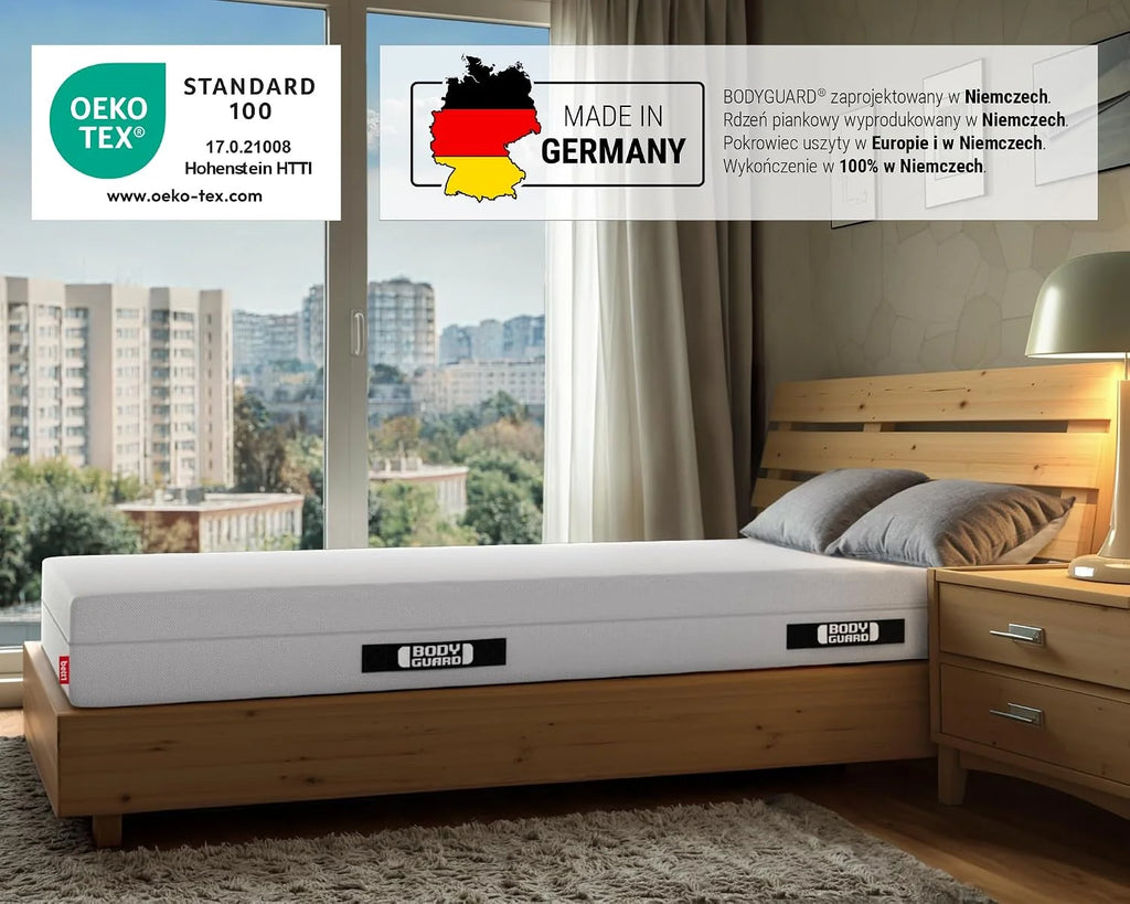 bett1 | BODYGUARD materac antykartelowy 90x200 (2 w 1 średniotwardy/twardszy, pokrowiec można prać w temp. do 60°C, Oeko-TEX® 100, moduły ergonomiczne, pianka QXSchaum)