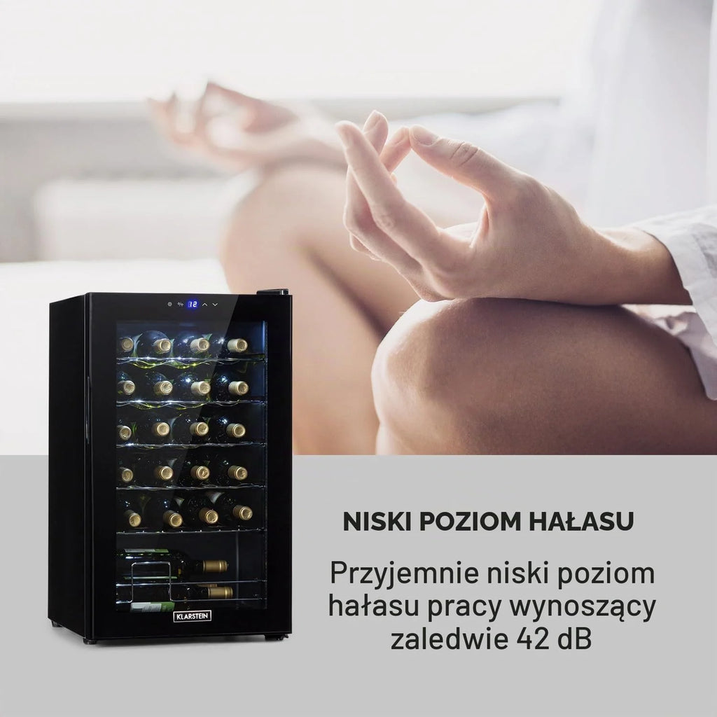 Klarstein Shiraz, chłodziarka do wina - mini lodówka, lodówka do wina, winiarka, kompaktowa chłodziarka na wino, przejrzysty dotykowy panel, led oświetlenie wnętrza, kolor czarny, wariant: 67l, 20 butelek
