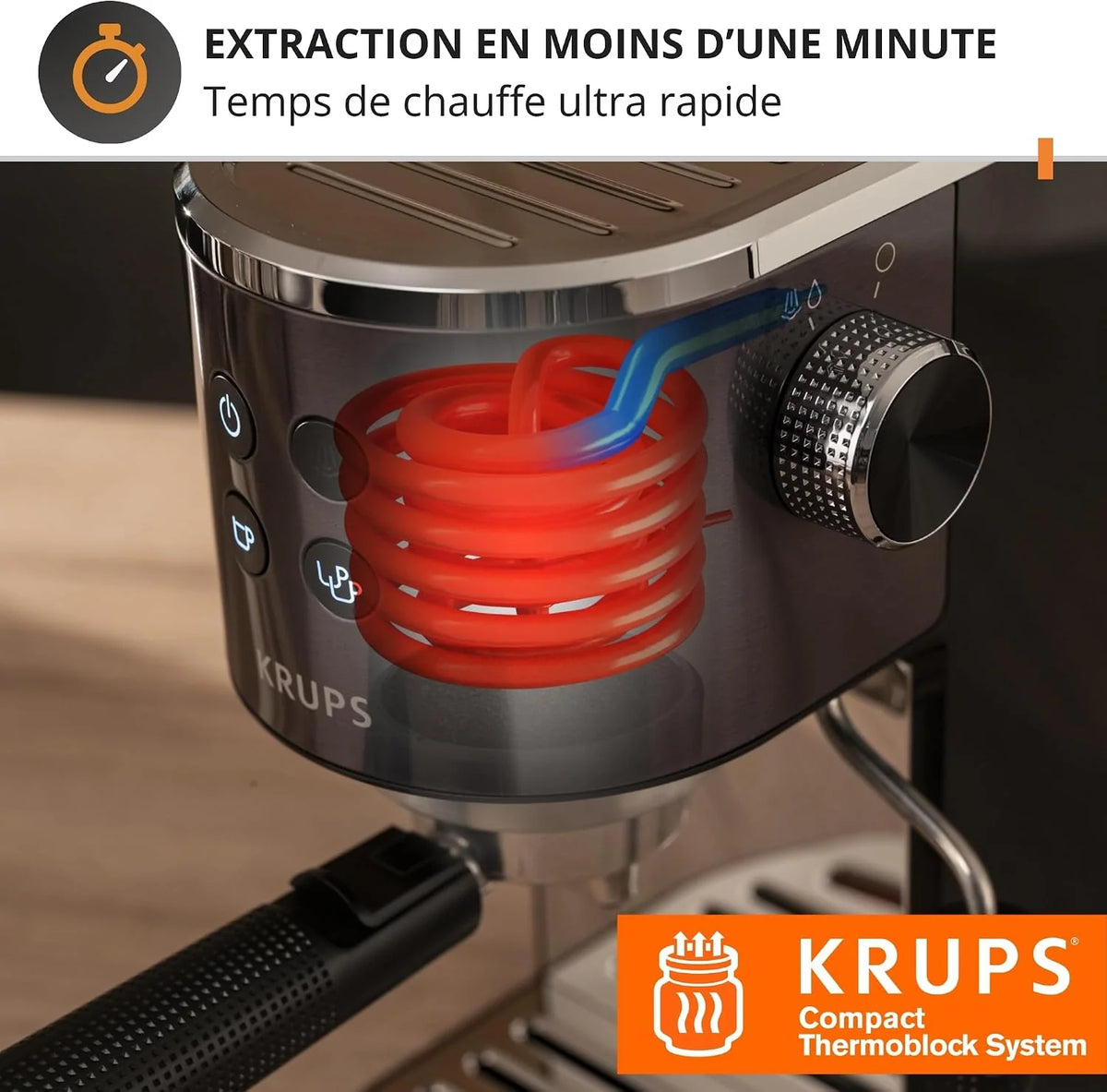 Krups XP444G Virtuoso+ ekspres do espresso | ciśnienie pompy 15 bar | 3 filtry kremowe | dysza pary ze stali nierdzewnej | intuicyjny panel sterowania | pokrętło | w zestawie łyżeczka dozująca/ubijak