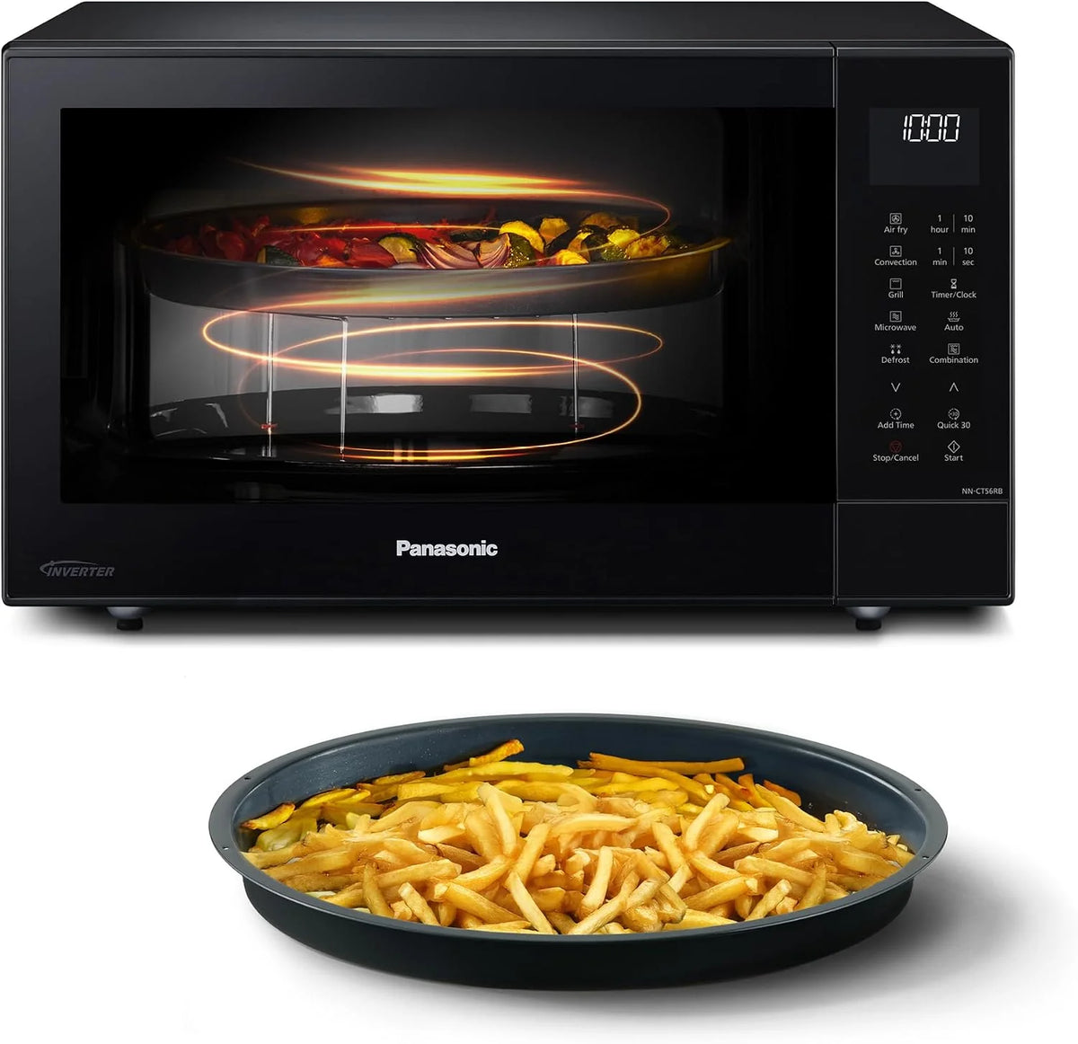Panasonic NN-CT56RBEPG 27 l kuchenka mikrofalowa kombi 4 w 1 z Airfryer, inwerter 1000 W, 19 automatycznych programów, grill konwekcyjny, oszczędność miejsca, smukła konstrukcja, czarna