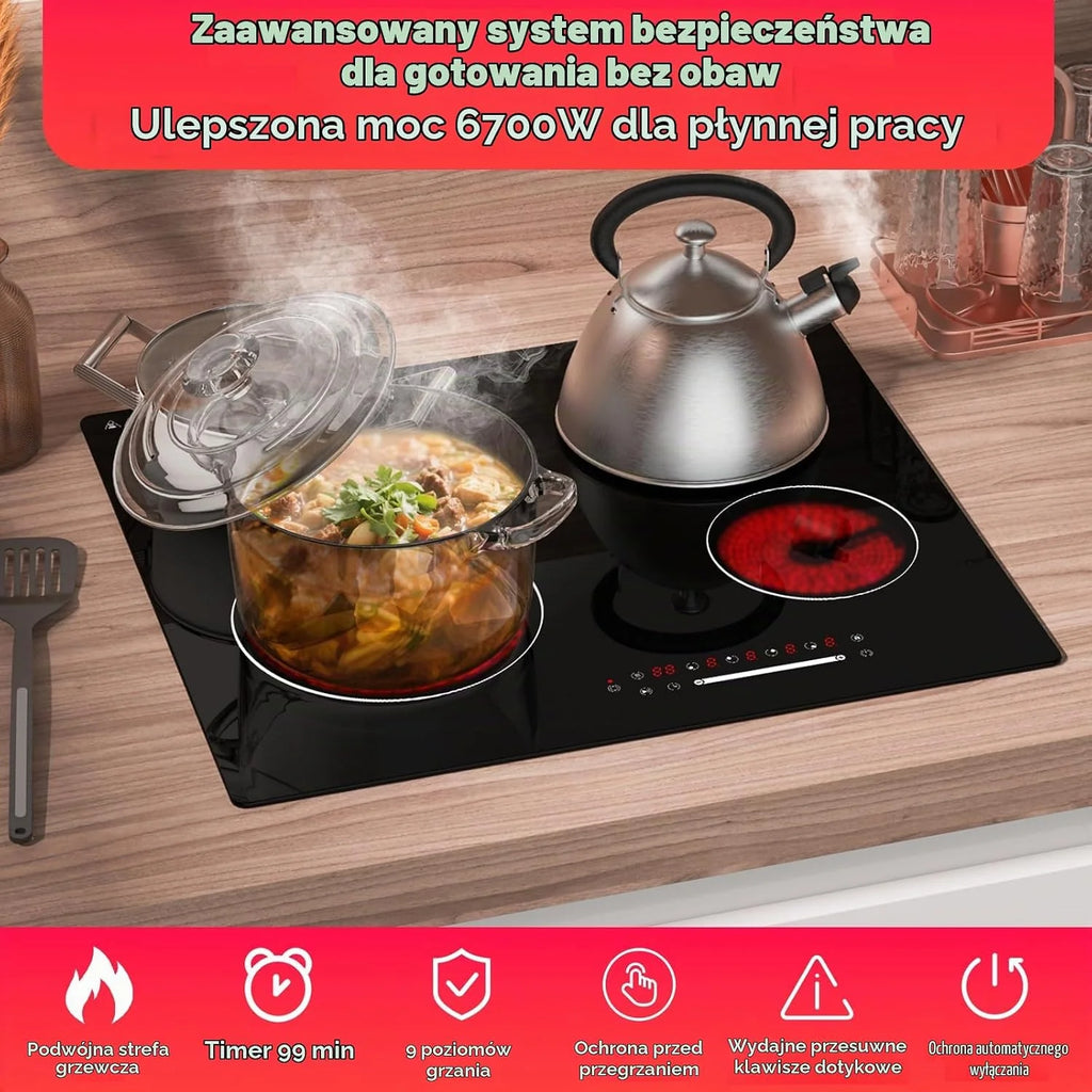 ALEMANIA Płyta ceramiczna 60 cm z 4 polami grzewczymi i podwójną strefą, dotykowym sterowaniem z regulacją mocy, elektryczna płyta grzewcza na podczerwień do zabudowy 6700 W 230 V