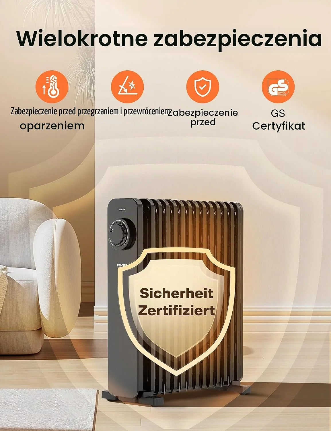 PELONIS 13 elementów grzejnika olejowego 2500W, mobilny grzejnik elektryczny, regulowany termostat, energooszczędny grzejnik olejowy, 3 poziomy ciepła, funkcje bezpieczeństwa