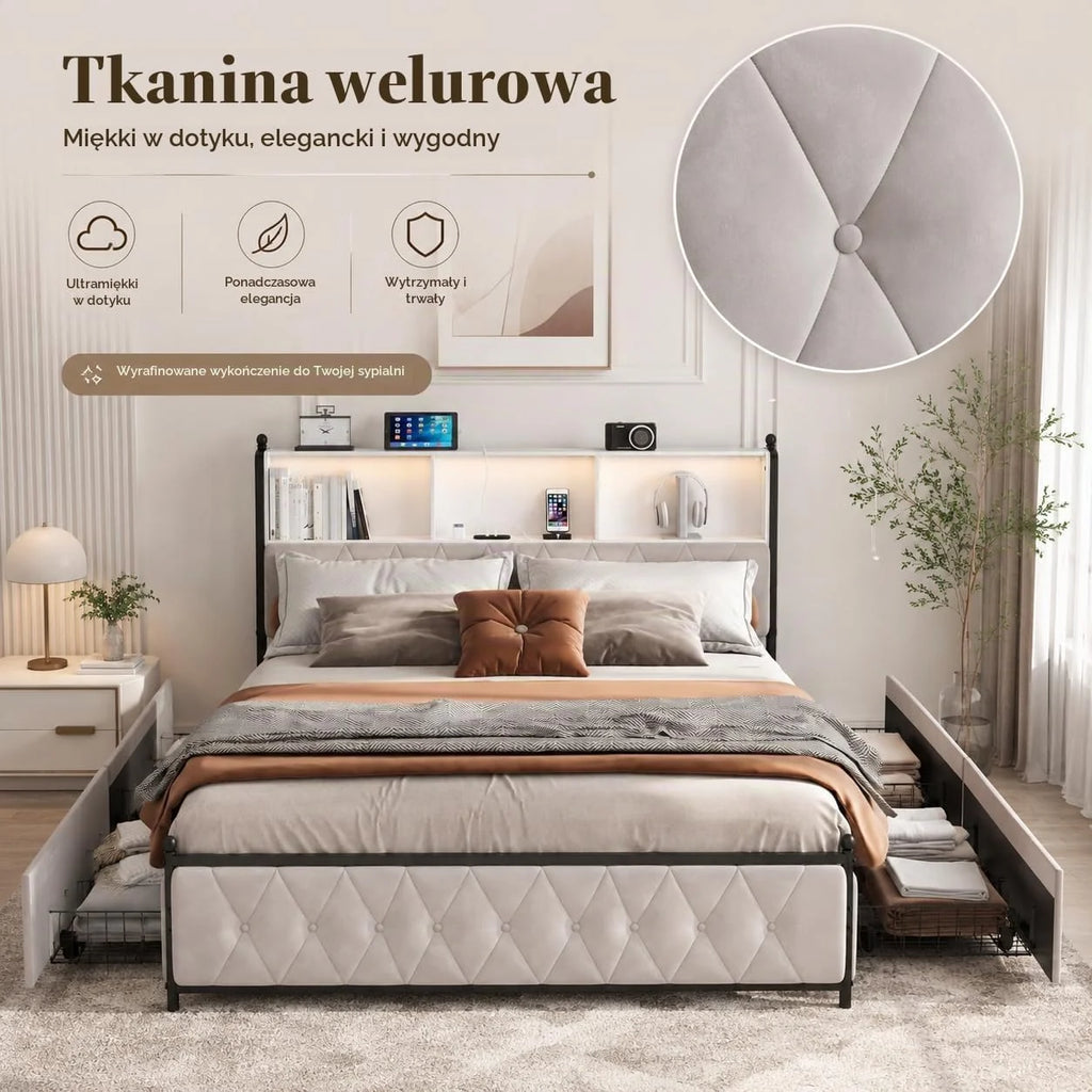 Podwójne łóżko tapicerowane 180 x 200 cm z 4 szufladami, łóżko bagażowe z ładowaniem USB i oświetleniem LED, rama łóżka, zagłówek z miejscem do przechowywania, łóżko dla dorosłych, aksamit