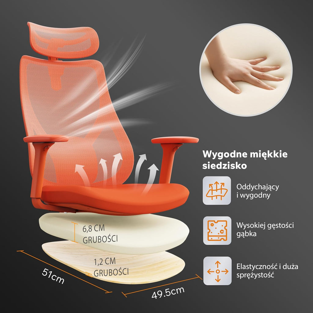 SENSE7 Fotel Biurowy Gamingowy Ergonomiczny Krzesło Obrotowe Biurowe Regulowany dla Home Office Graczy 150kg Oddychająca Tkanina Regulowany Zagłówek z Podparciem Podłokietnikami 3D - MOYO Pomarańcz