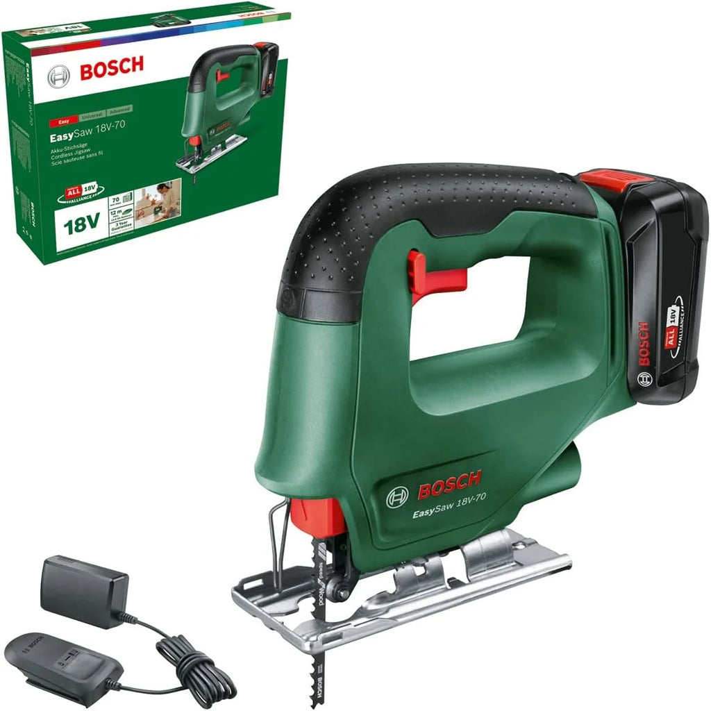Bosch EasySaw akumulatorowa wyrzynarka 18V-70 (akumulator 2,0 Ah, system 18 V, z 1 brzeszczotem do wyrzynarki, ładowarka AL 18 V-20, w kartonie)