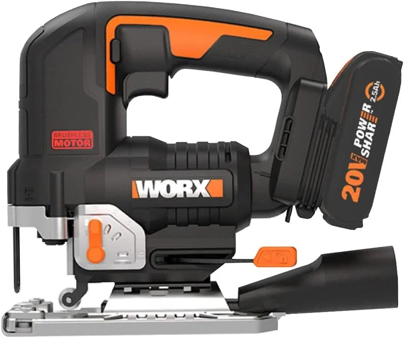 WORX Nitro WX542 akumulatorowa wyrzynarka wahadłowa 20 V, silnik bezszczotkowy, profesjonalna wyrzynarka z adapterem ssącym, idealna również do cięcia ukośnego, kompatybilna z PowerShare, z