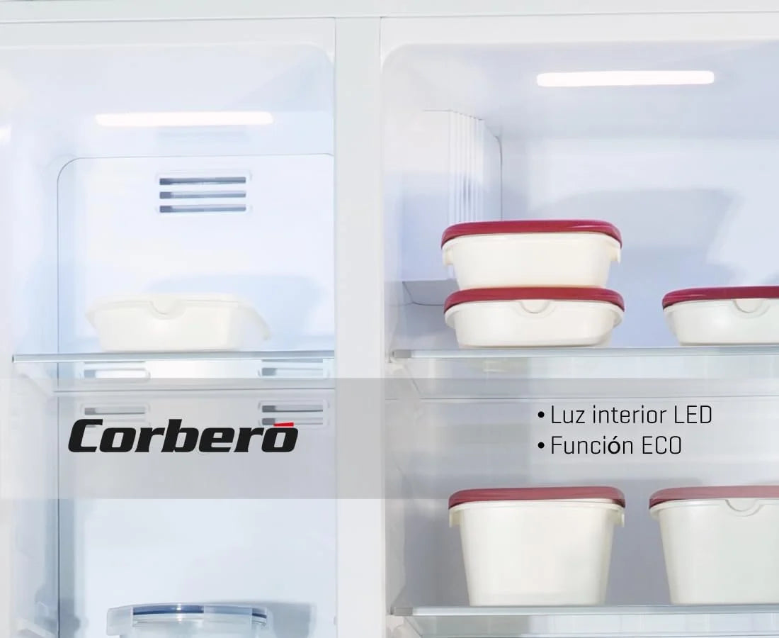 Corberó - Amerykańska lodówka | CFSBSH634NFW | 442L | 186 cm | No Frost | Inwerter | Wyświetlacz | Światło LED | 2 szuflady | Funkcja ECO | Półki szklane | Srebrny wykończenia | biały
