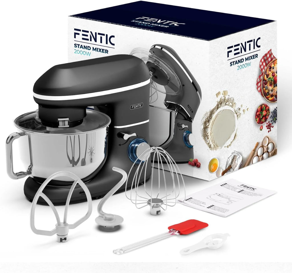 Robot kuchenny - 2000 W - miska do mieszania ze stali nierdzewnej (6,2 l) - mikser kuchenny z mieszania, hakiem do zagniatania, trzepaczką i ochroną przed pryskaniem - w zestawie